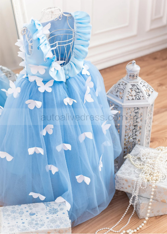 Blue Satin Tulle Butterflies Fairytale Flower Girl Dress